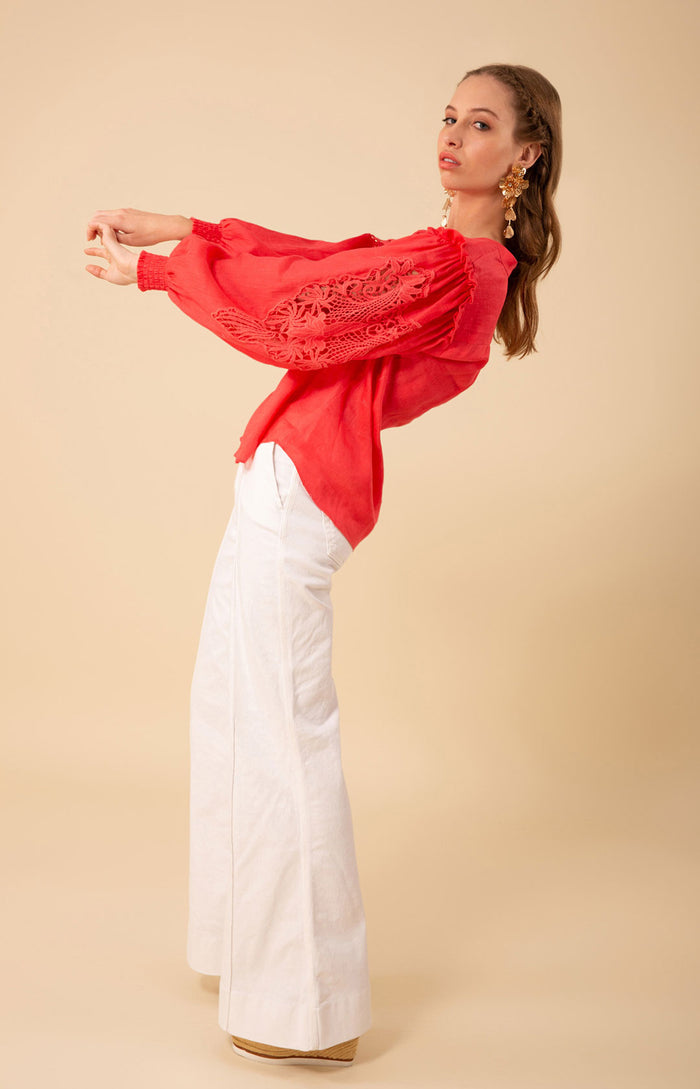 Reese Solid Linen Top, color_coral