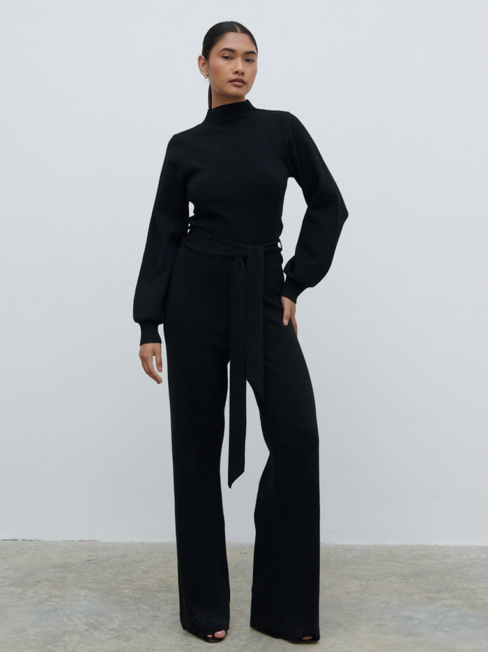 Candy Is 5'6" & Wears Size UK S|Reign Tie Waist Knit Jumpsuit - Black