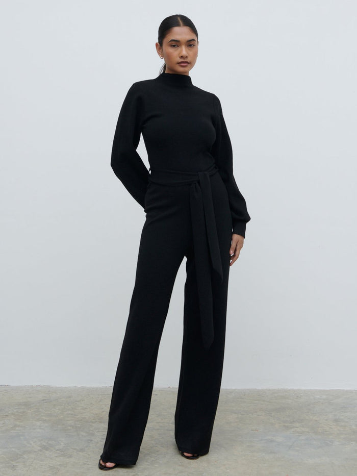 Candy Is 5'6" & Wears Size UK S|Reign Tie Waist Knit Jumpsuit - Black