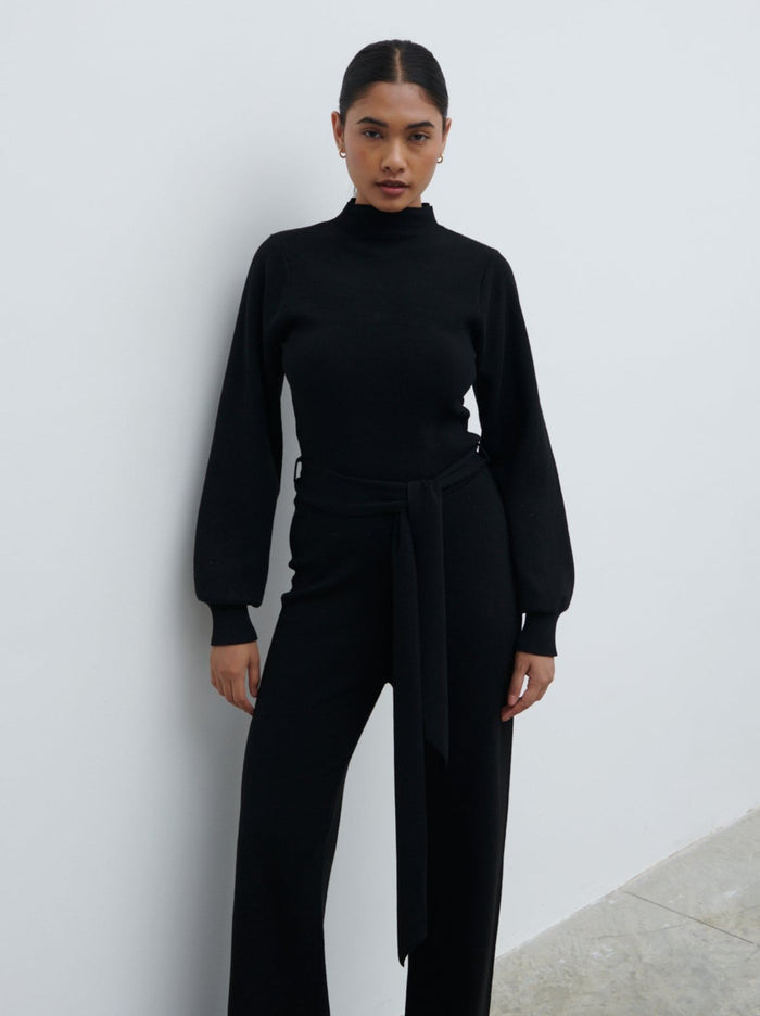 Candy Is 5'6" & Wears Size UK S|Reign Tie Waist Knit Jumpsuit - Black