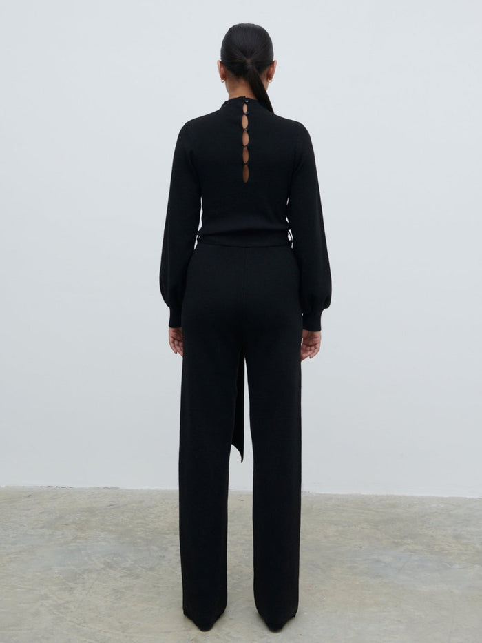 Candy Is 5'6" & Wears Size UK S|Reign Tie Waist Knit Jumpsuit - Black