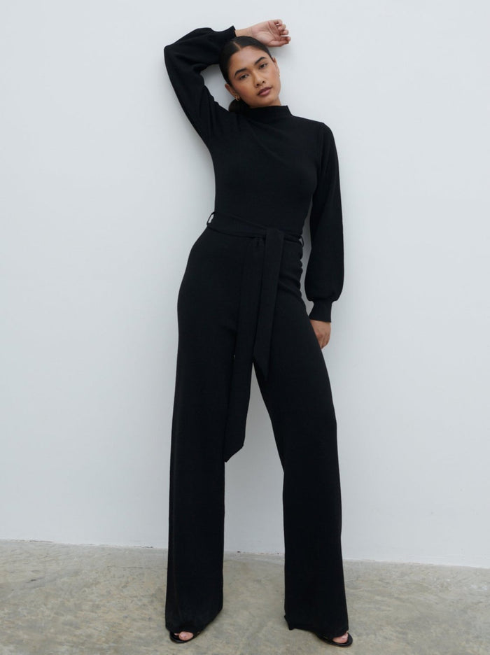 Candy Is 5'6" & Wears Size UK S|Reign Tie Waist Knit Jumpsuit - Black
