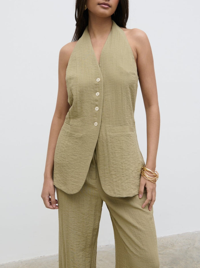 Candy Is 5'6" & Wears Size UK 8|Remy Halterneck Waistcoat - Olive