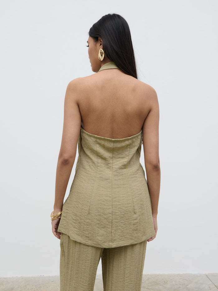 Candy Is 5'6" & Wears Size UK 8|Remy Halterneck Waistcoat - Olive