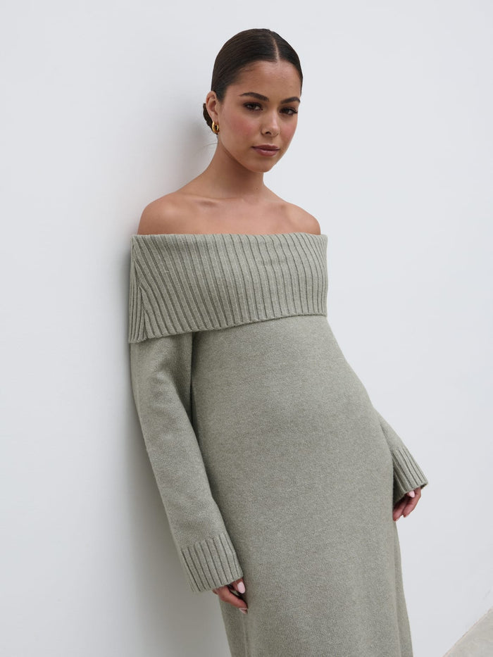 Elissa Is 5'8.5" & Wears Size UK S|Renee Chunky Knit Midaxi Dress - Sage