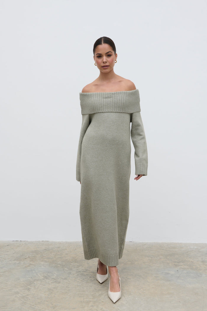 Elissa Is 5'8.5" & Wears Size UK S|Renee Chunky Knit Midaxi Dress - Sage