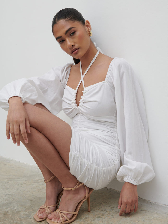 Candy Is 5'6" & Wears Size UK 8|Renna Ruched Front Mini Dress - Natural