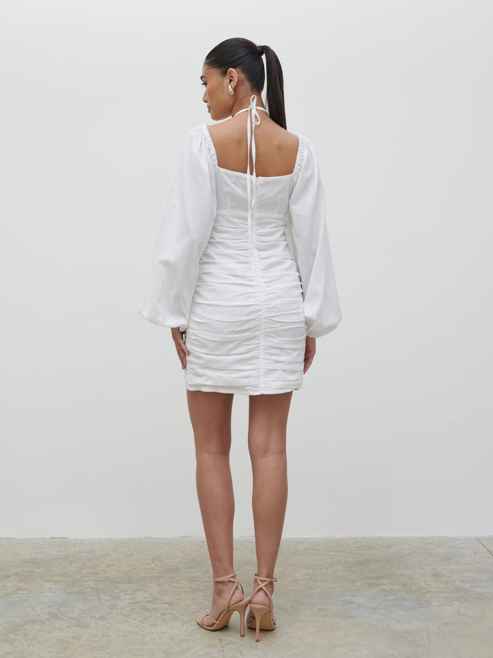 Candy Is 5'6" & Wears Size UK 8|Renna Ruched Front Mini Dress - Natural