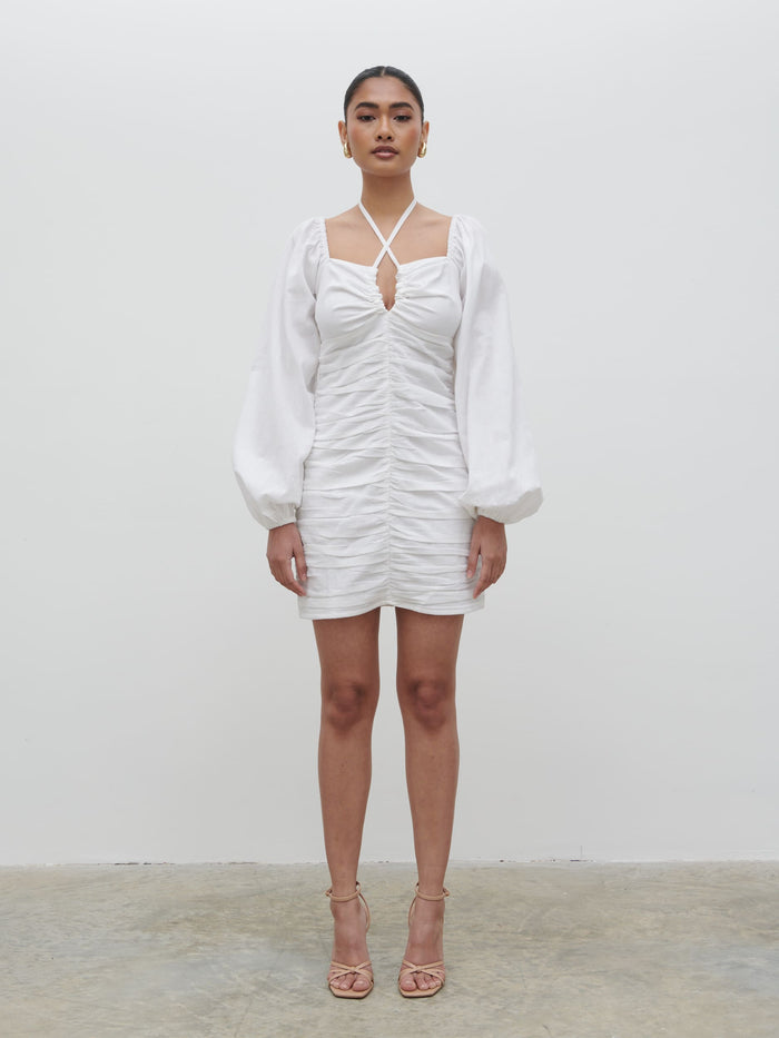 Candy Is 5'6" & Wears Size UK 8|Renna Ruched Front Mini Dress - Natural