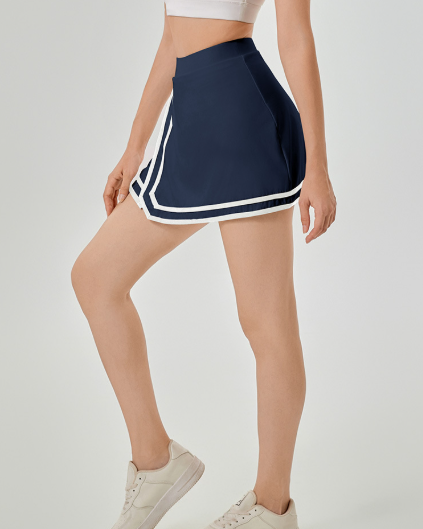 Contrast Piping Tennis Skirt - High-Waisted Athletic Skort Midnight Blue close-up on the left