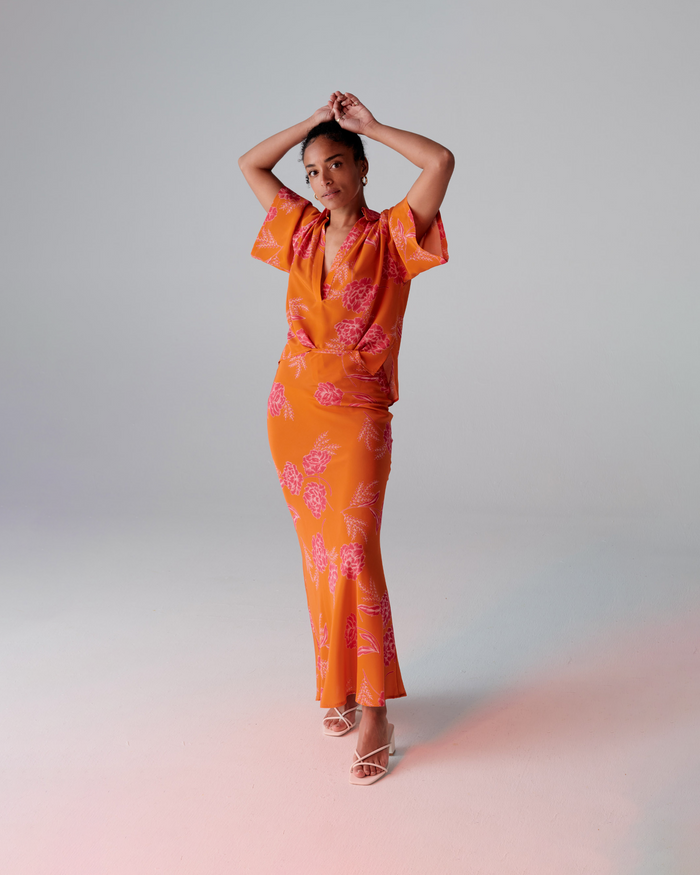 REYA SILK SHIRT ORANGE FLORAL