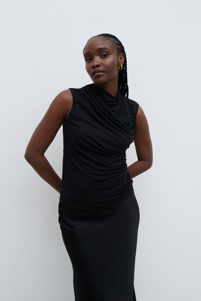 Ayo Is 5'9" & Wears Size UK S|Rhea Jersey Sleeveless Top - Black