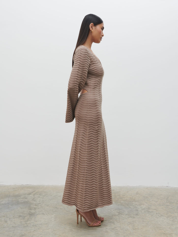 Candy Is 5'6" & Wears Size UK S|Rhi V Neck Knit Midaxi Dress - Stone