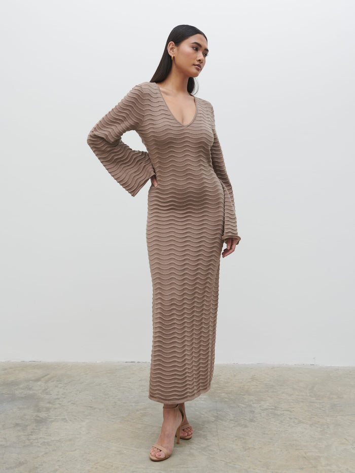 Candy Is 5'6" & Wears Size UK S|Rhi V Neck Knit Midaxi Dress - Stone