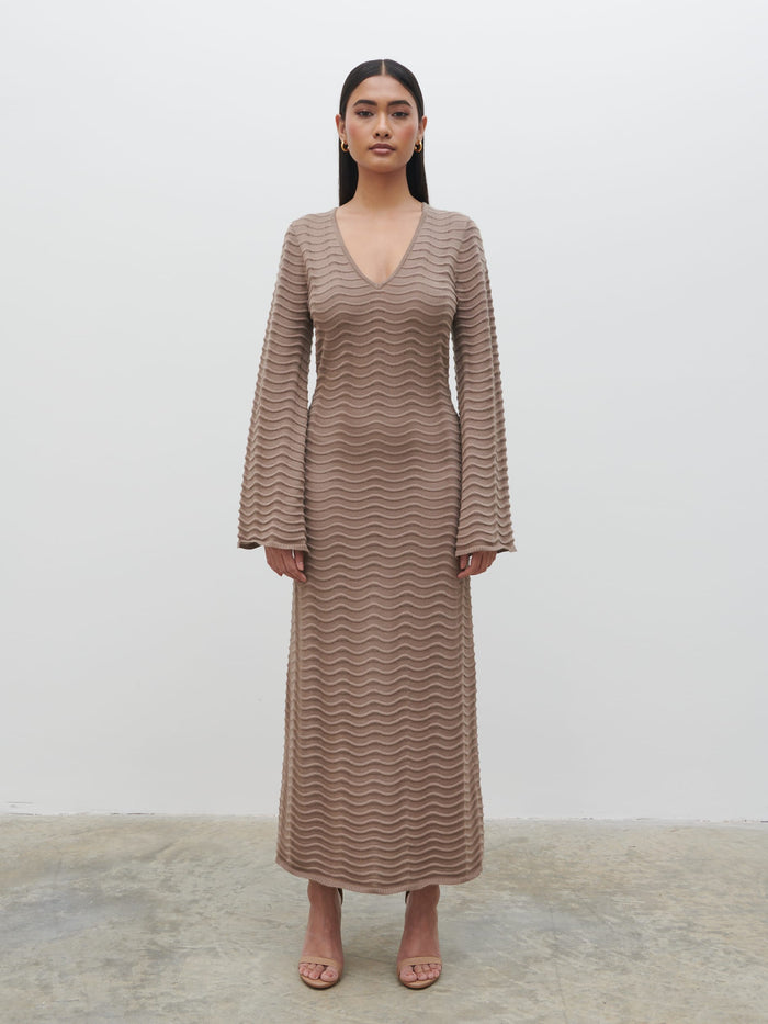 Candy Is 5'6" & Wears Size UK S|Rhi V Neck Knit Midaxi Dress - Stone