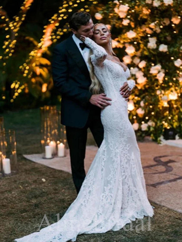 Romantic V-neck Off Shoulder Long Sleeves Mermaid Lace Wedding Dresses,WD3053
