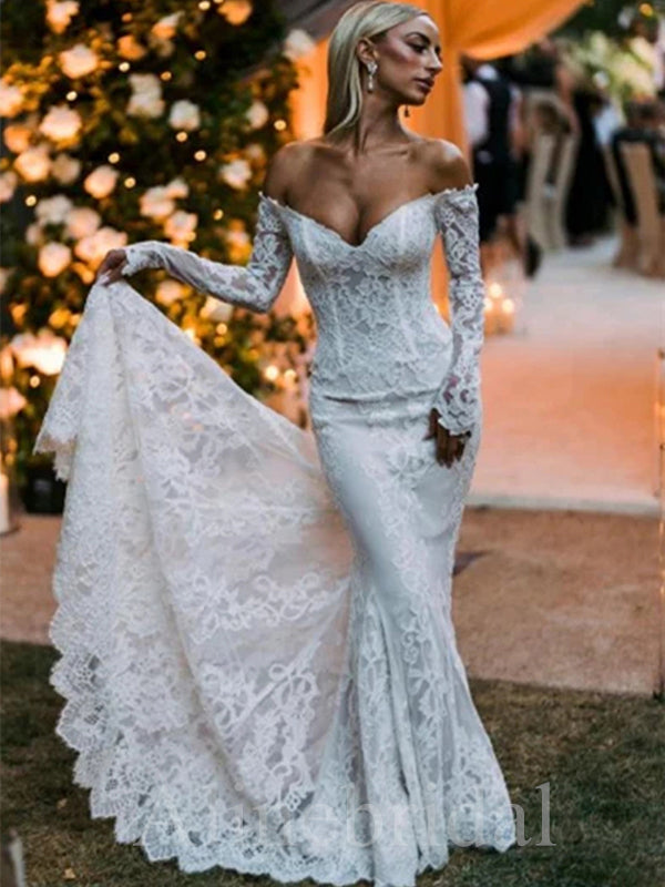 Romantic V-neck Off Shoulder Long Sleeves Mermaid Lace Wedding Dresses,WD3053
