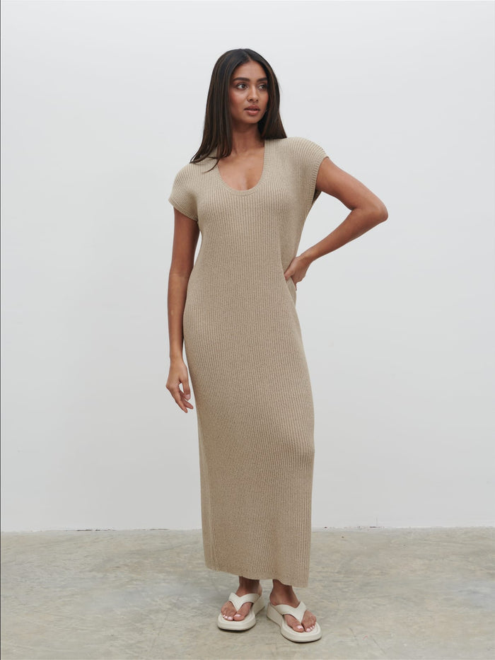 Sachi Is 5'7" & Wears Size UK S|Rose Knit Midaxi Dress - Stone Taupe