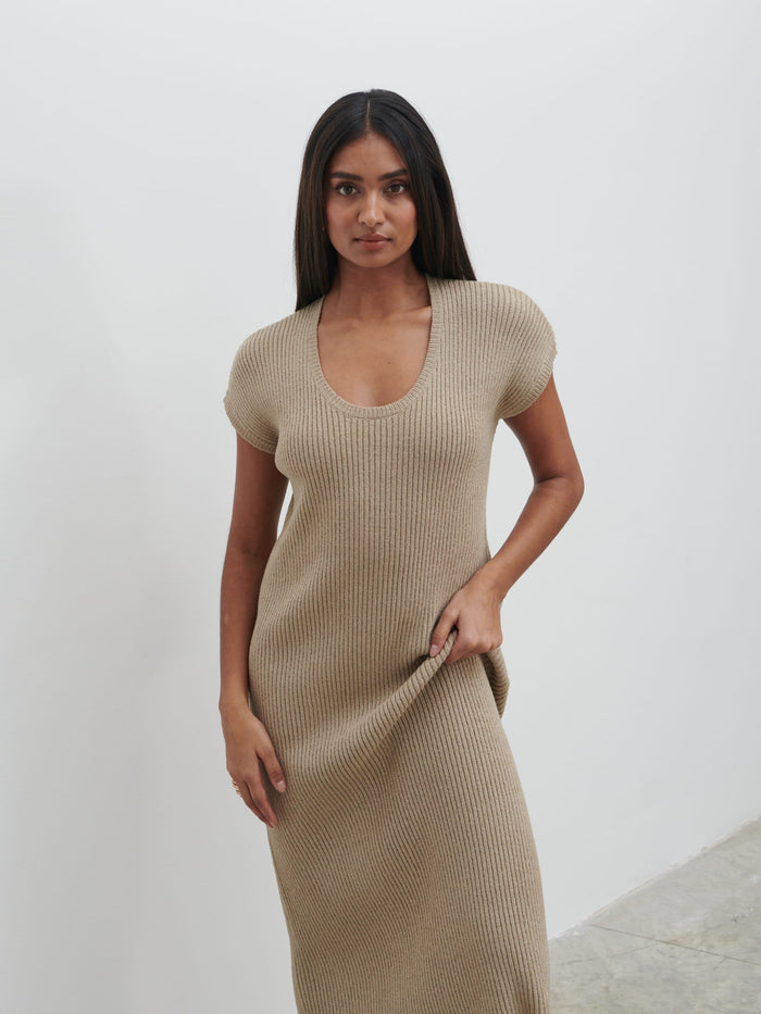 Sachi Is 5'7" & Wears Size UK S|Rose Knit Midaxi Dress - Stone Taupe