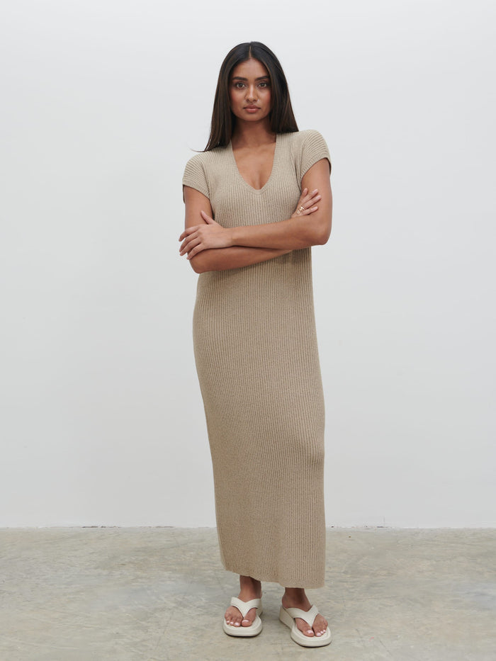 Sachi Is 5'7" & Wears Size UK S|Rose Knit Midaxi Dress - Stone Taupe