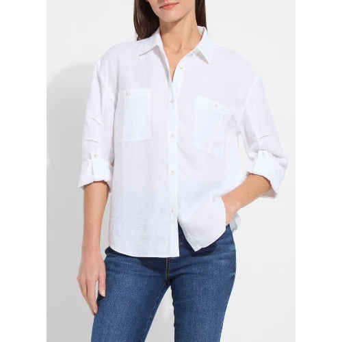 Lysse Rose Roll Tab Utility Linen Shirt | White