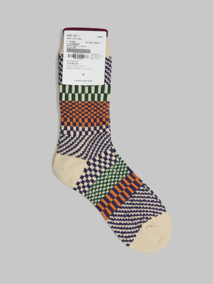 rototo check and step socks blueberry label