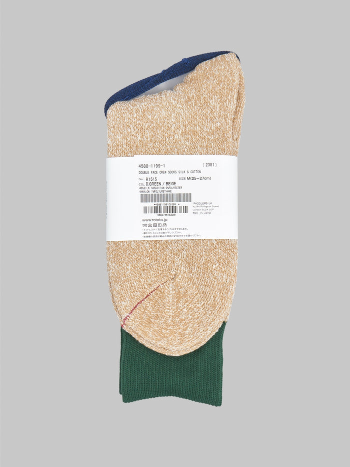 rototo double face crew socks dark green beige composition