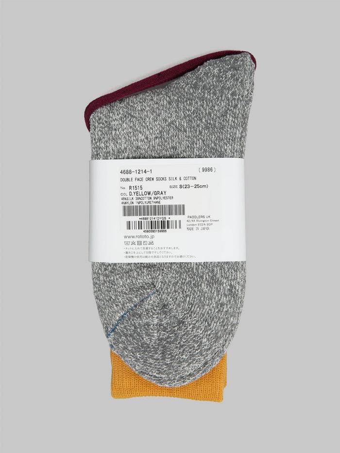 rototo double face crew socks silk and cotton dark yellow grey label