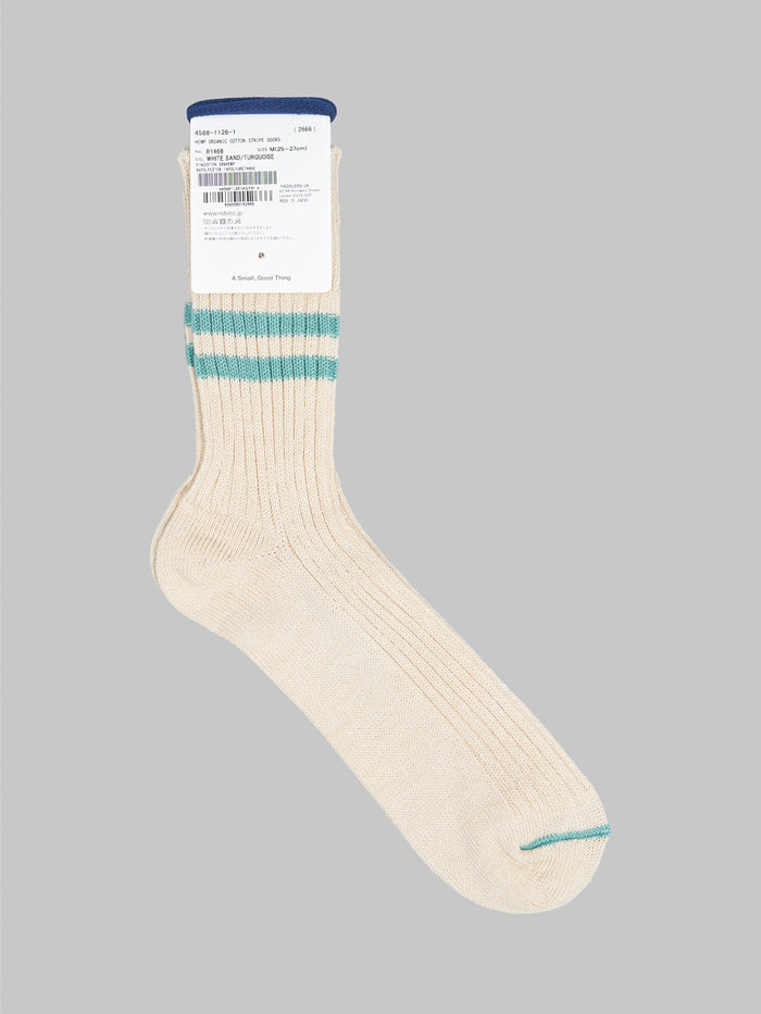 rototo hemp organic cotton stripe socks white sand turquoise composition