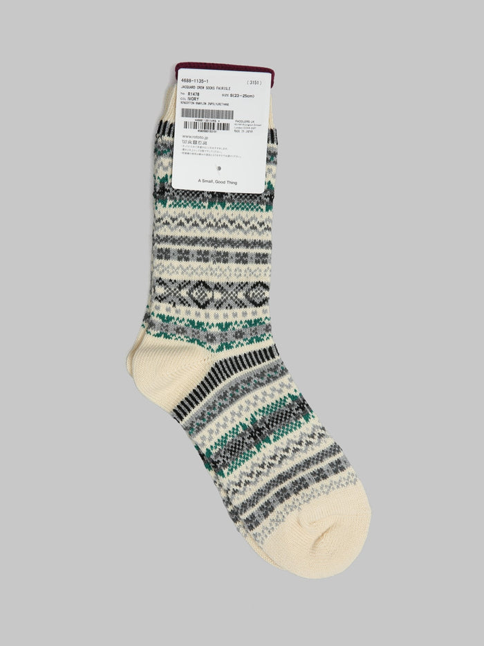 rototo multi jacquard crew socks fairisle ivory label