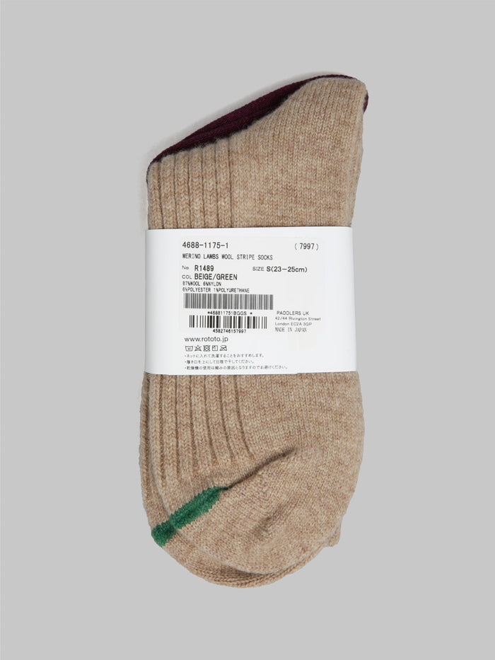 rototo merino lambs wool stripe socks beige green label