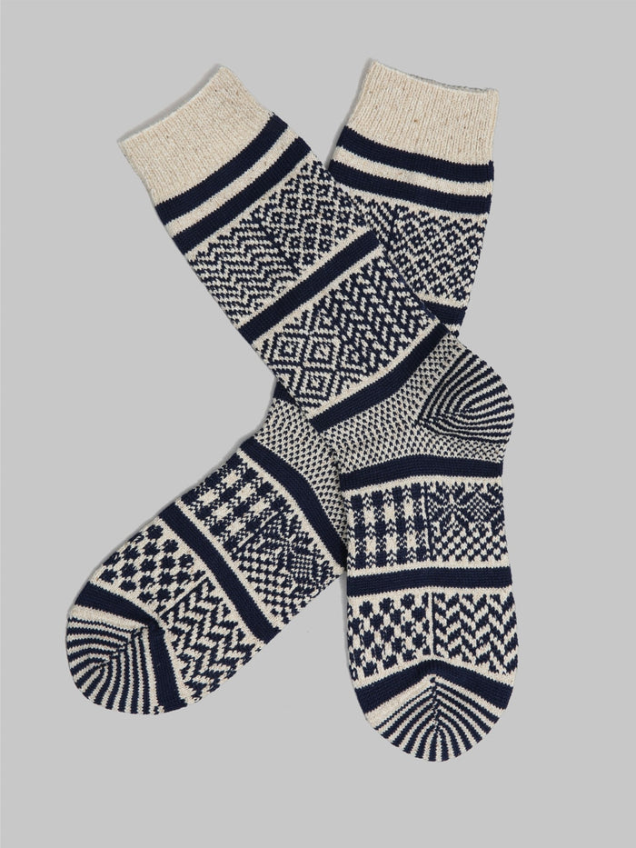 rototo multi jacquard crew socks ivory navy japanese made