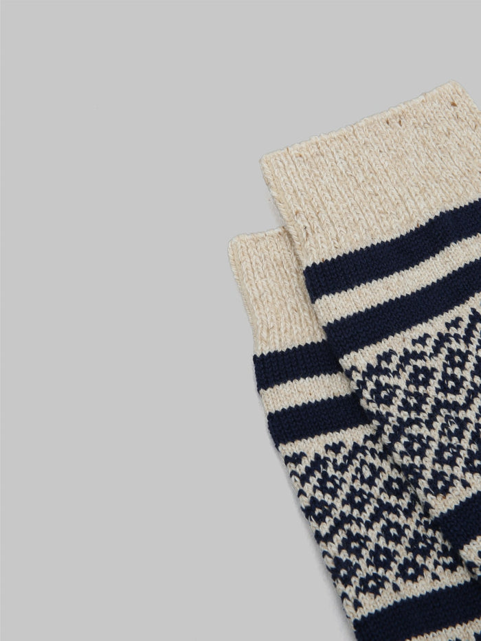 rototo multi jacquard crew socks ivory navy hem
