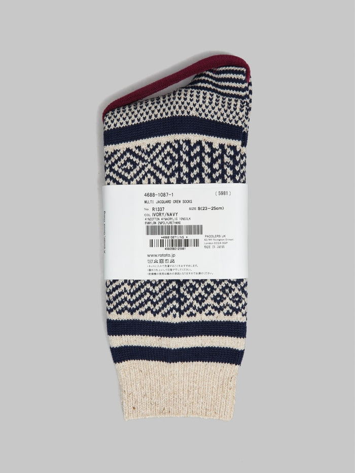 rototo multi jacquard crew socks ivory navy label