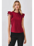 TCEC Ruffled Flutter Sleeves Round Neck Sleeveless Top | Crimson