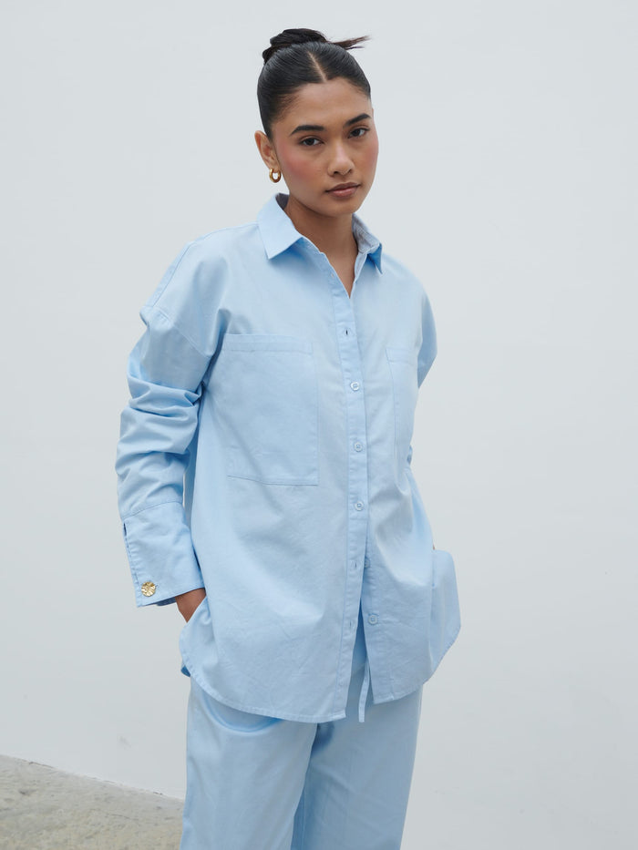 Ryleigh Cotton Poplin Shirt - Light Blue