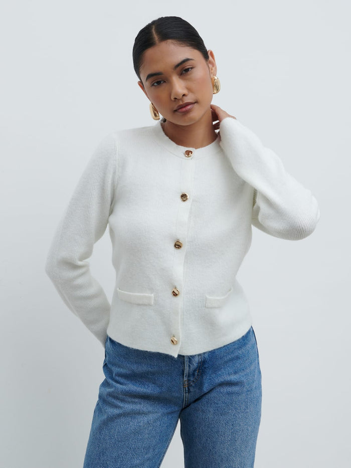 Candy Is 5'6" & Wears Size UK S|Sabrina Gold Button Knit Cardigan - Ecru