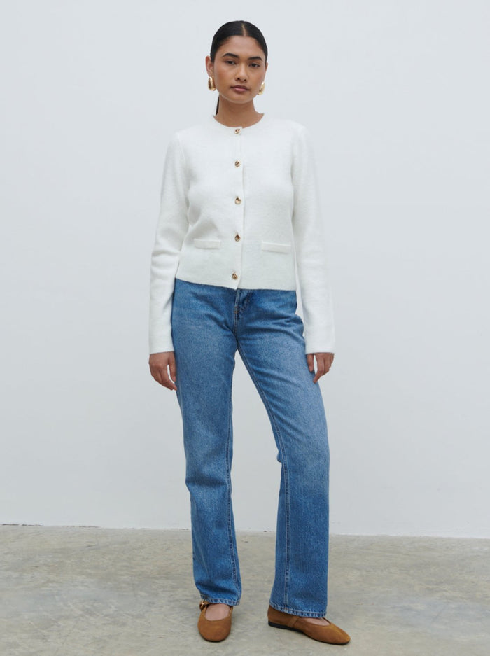 Candy Is 5'6" & Wears Size UK S|Sabrina Gold Button Knit Cardigan - Ecru