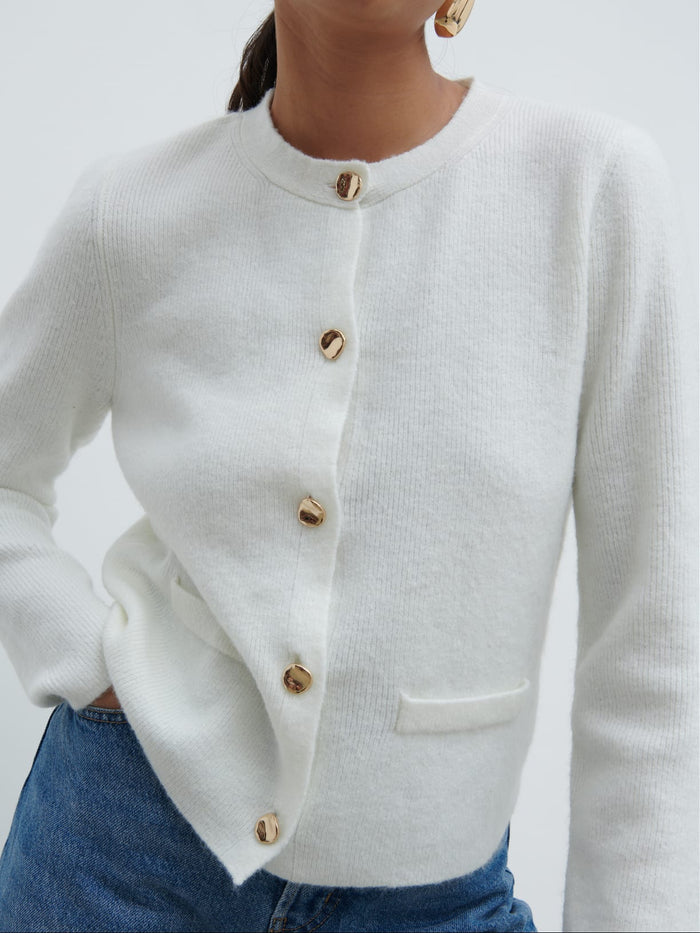 Candy Is 5'6" & Wears Size UK S|Sabrina Gold Button Knit Cardigan - Ecru