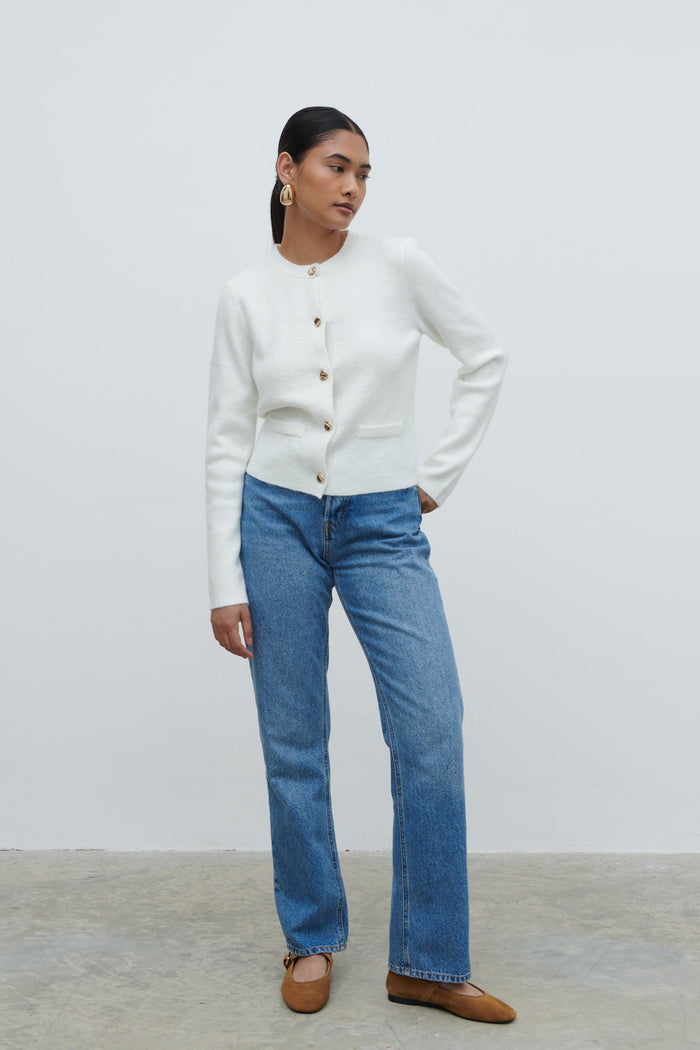 Candy Is 5'6" & Wears Size UK S|Sabrina Gold Button Knit Cardigan - Ecru