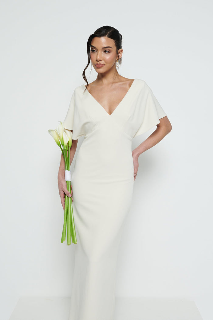 Marina Is 5'7.5" & Wears Size UK 8|Sadie Crepe Maxi Bridesmaid Dress - Champagne