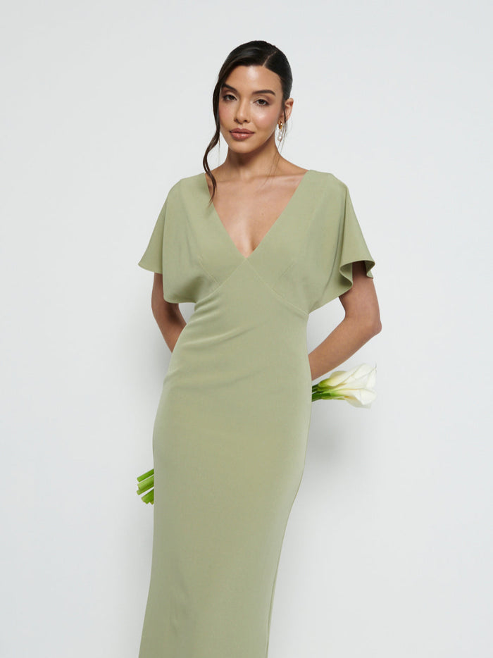 Marina Is 5'7.5" & Wears Size UK 8|Sadie Crepe Maxi Bridesmaid Dress - Olive