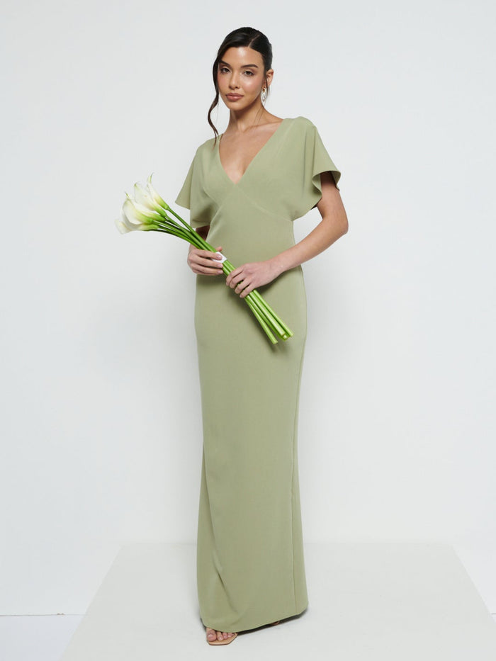 Marina Is 5'7.5" & Wears Size UK 8|Sadie Crepe Maxi Bridesmaid Dress - Olive