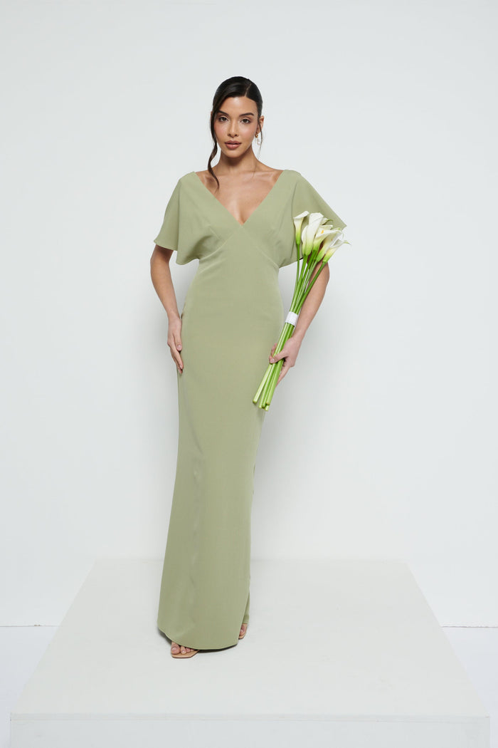 Marina Is 5'7.5" & Wears Size UK 8|Sadie Crepe Maxi Bridesmaid Dress - Olive