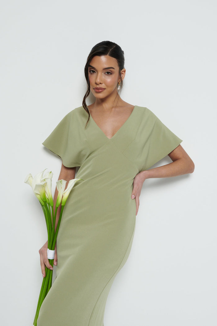 Marina Is 5'7.5" & Wears Size UK 8|Sadie Crepe Maxi Bridesmaid Dress - Olive