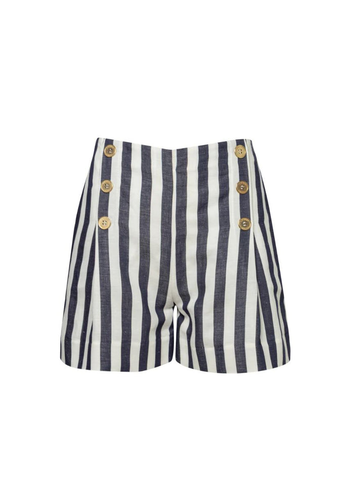 Shorts Ancient Kallos Sailor High Waisted Linen Bermuda Shorts Striped Navy Blue/White Apoella