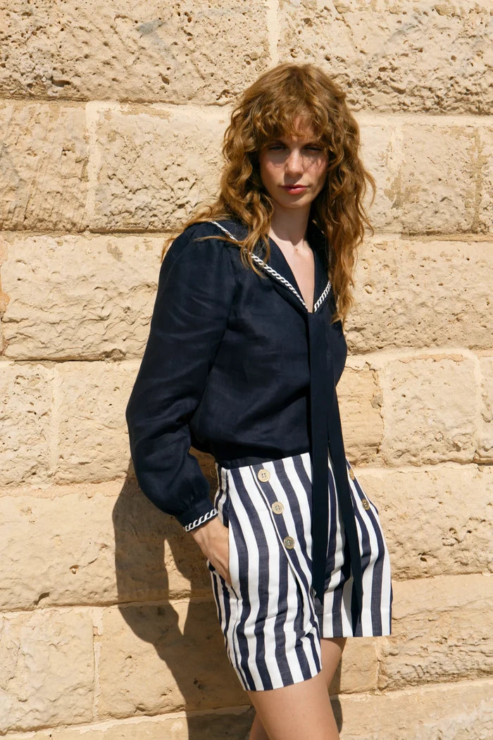 Shorts Ancient Kallos Sailor High Waisted Linen Bermuda Shorts Striped Navy Blue/White Apoella