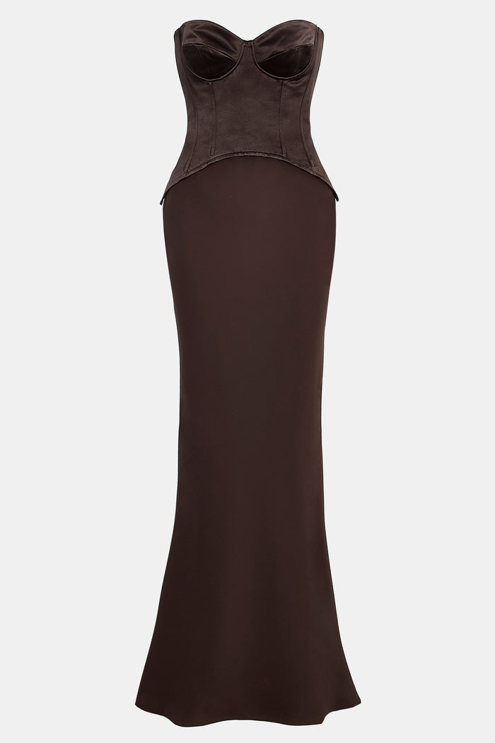 Satin Corset Gown with Sweetheart Neckline - Carob