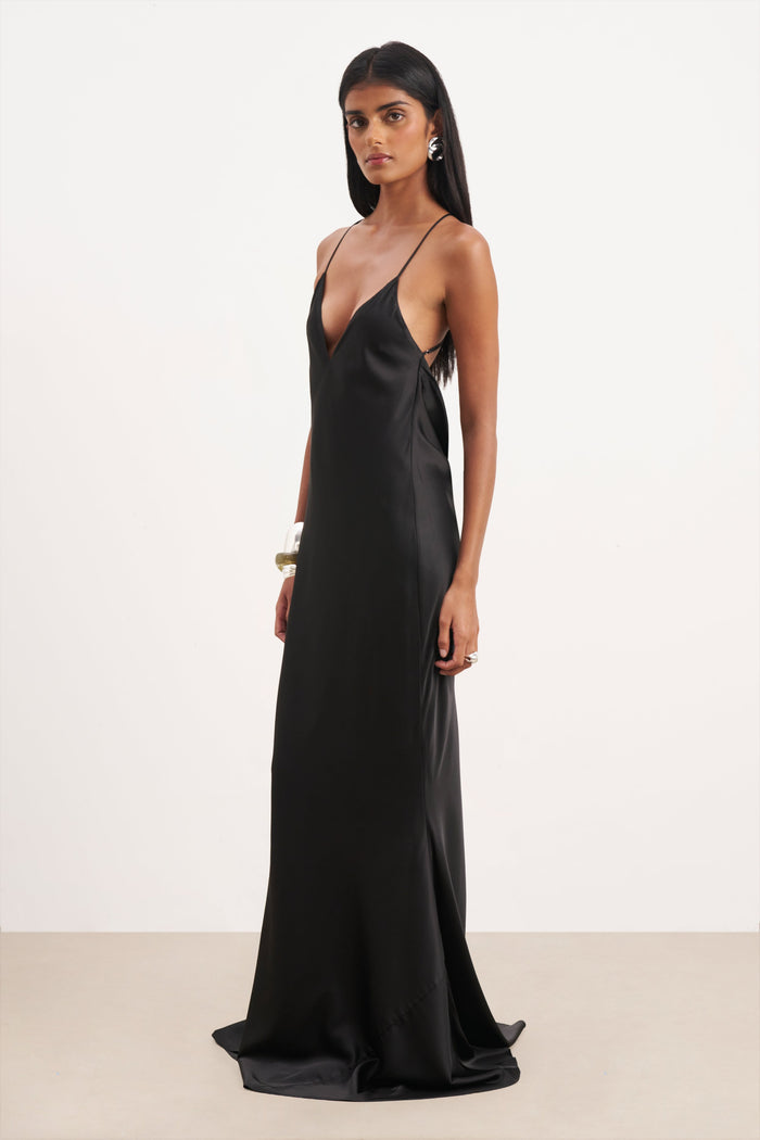 Satin Slinky Cowl Back Gown - Black