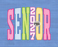 Senior 2027 colorful striped graphic tee design - pink blue green orange letters